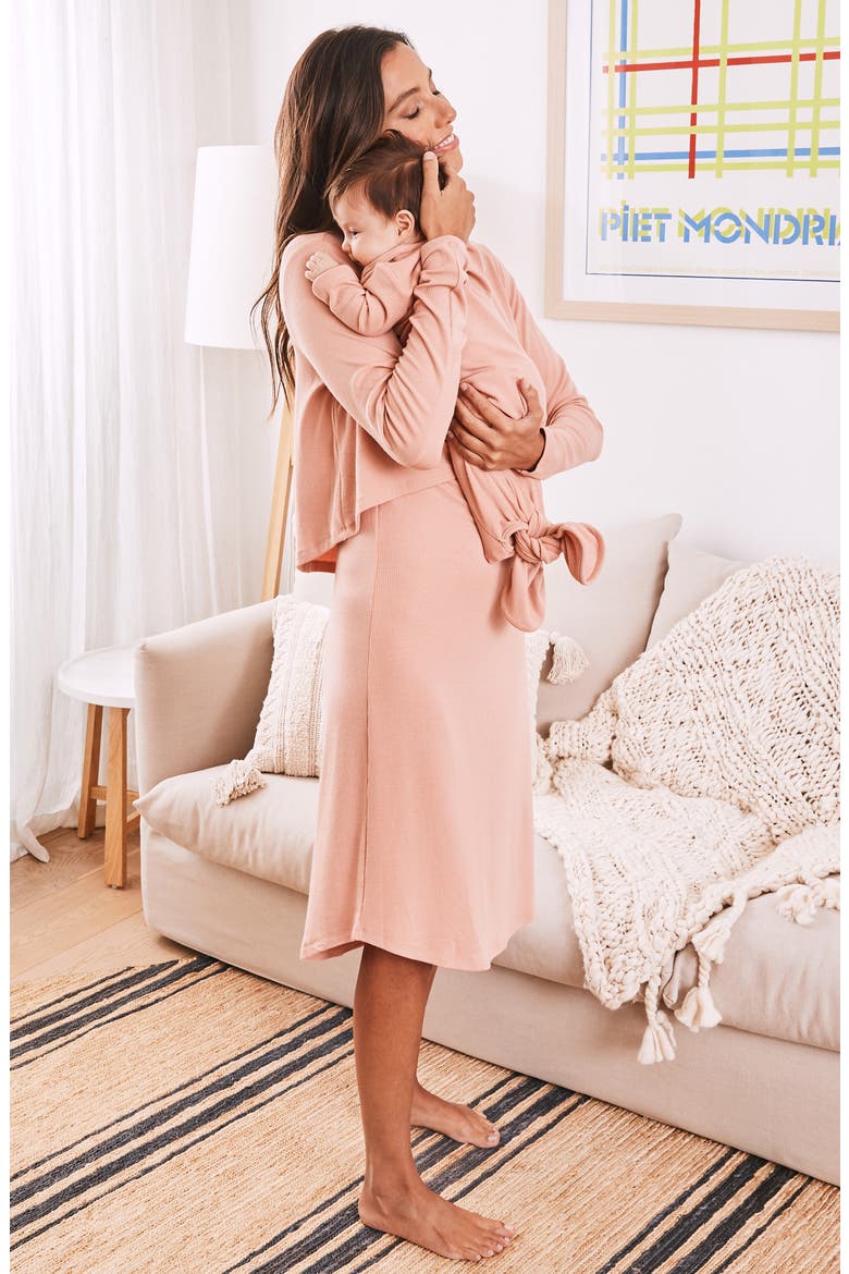 Leah Long Sleeve Ribbed Maternity/Nursing Dress & Knotted Baby Gown Set, Alternate, color, PINK