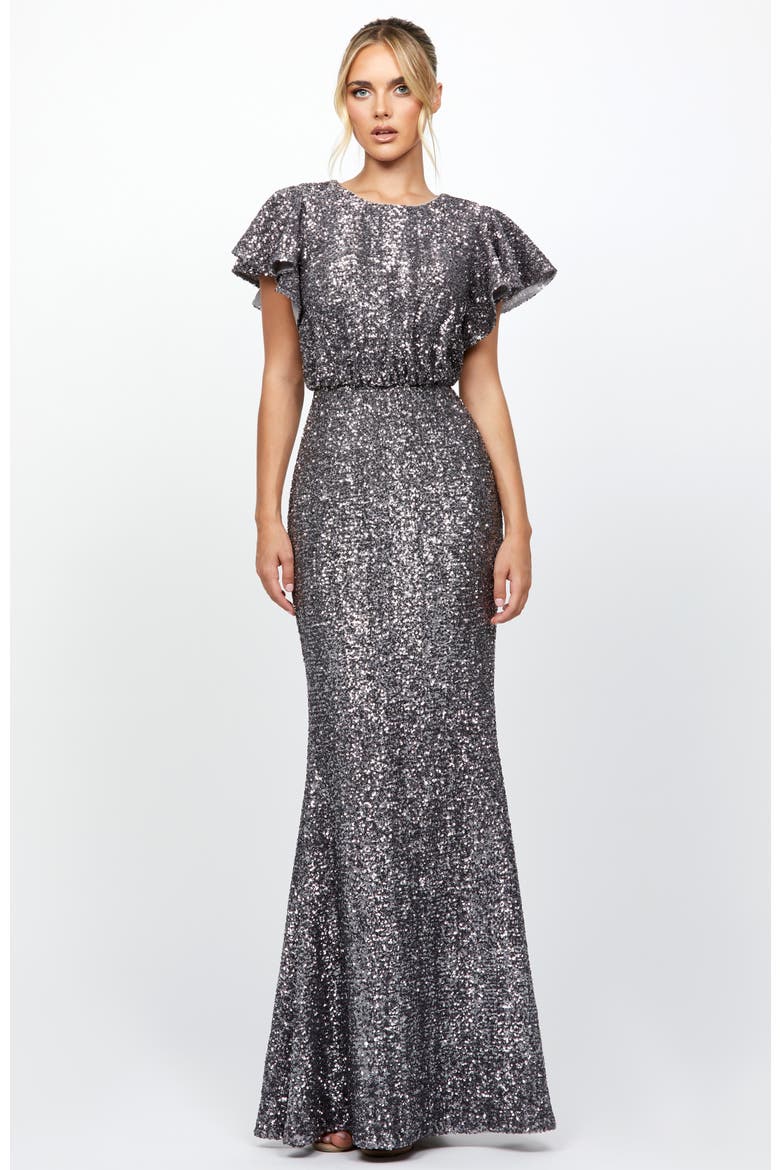 Teresa Flutter Sleeve Gown, Alternate, color, CHARCOAL