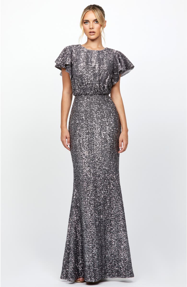 Bariano Teresa Flutter Sleeve Gown, Alternate, color, Charcoal