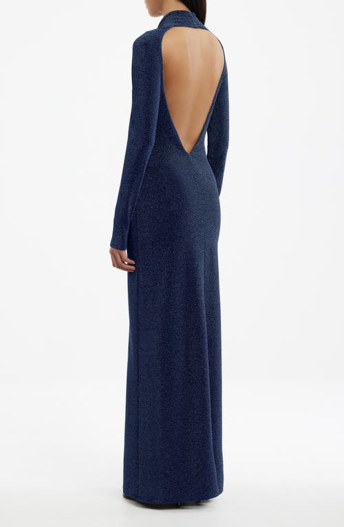 Significant Other Selena Metallic Plunge Long Sleeve Open Back Jersey Gown In Blue