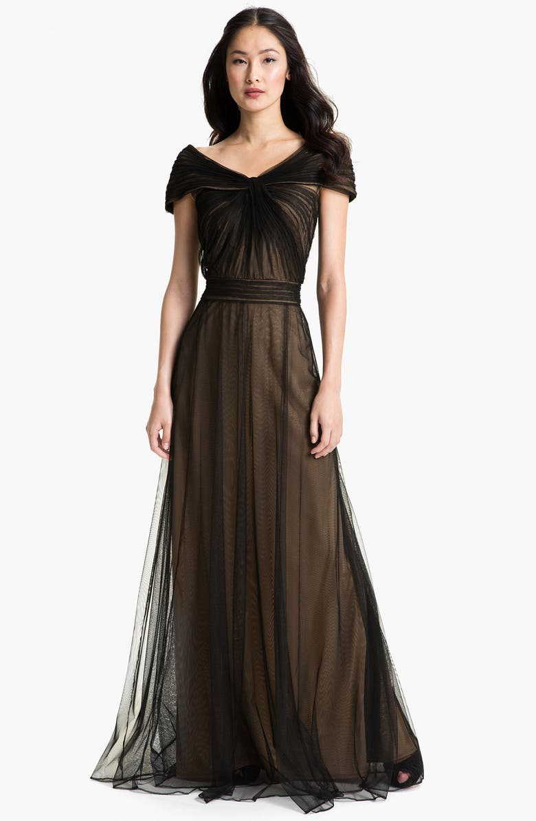Tadashi Shoji Portrait Collar Pleated Mesh Gown, Main, color,