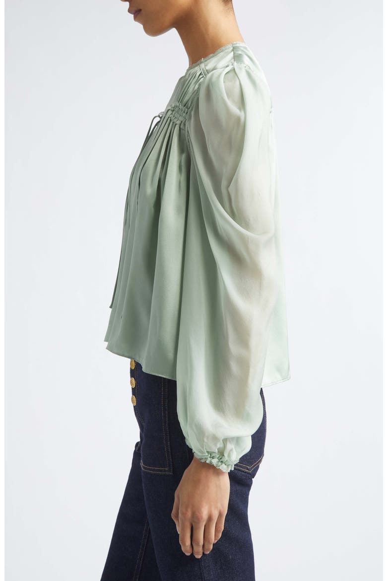 Odette Pleated Silk Sheer Balloon Sleeve Top, Alternate, color, CELADON