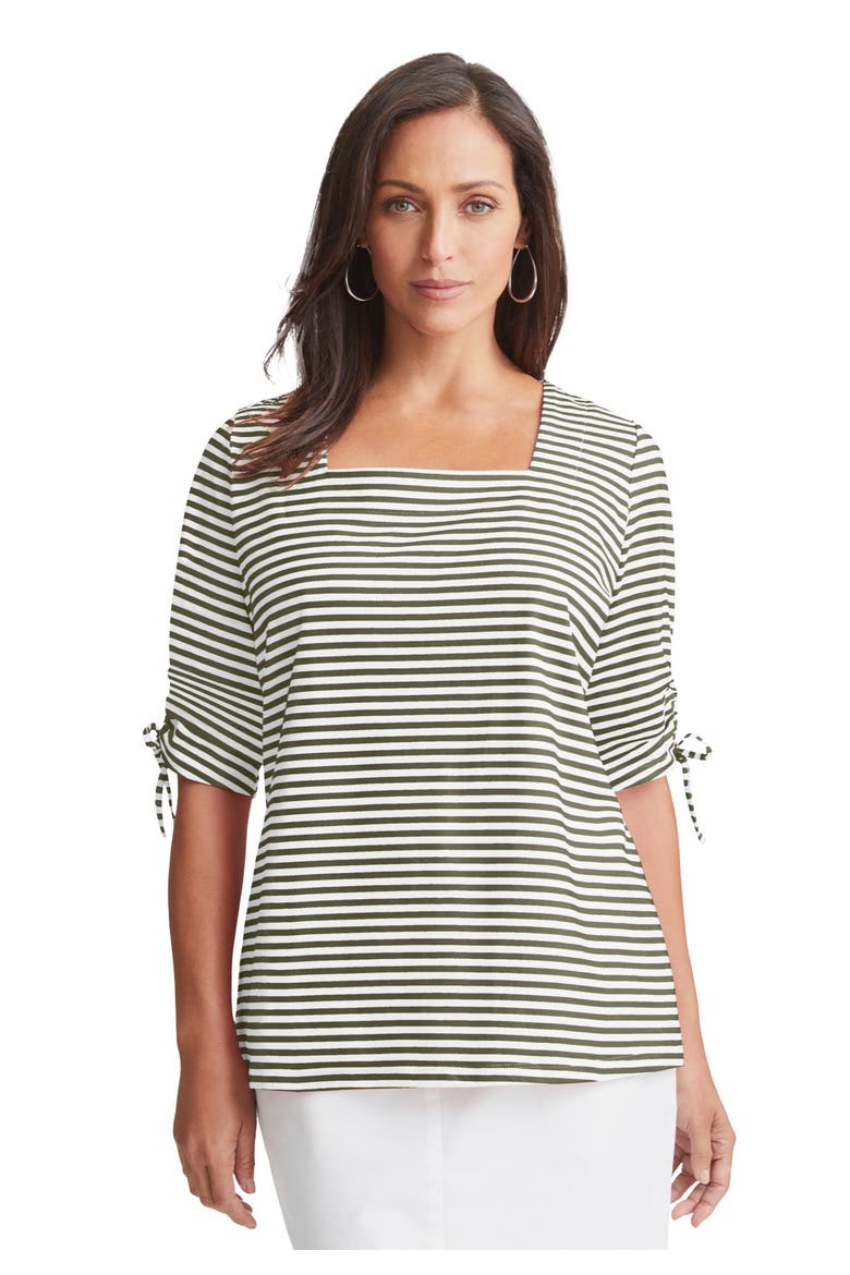 Stretch Cotton Tie Sleeve Square Neck Tee, Main, color, DARK OLIVE GREEN FEEDER STRIPE