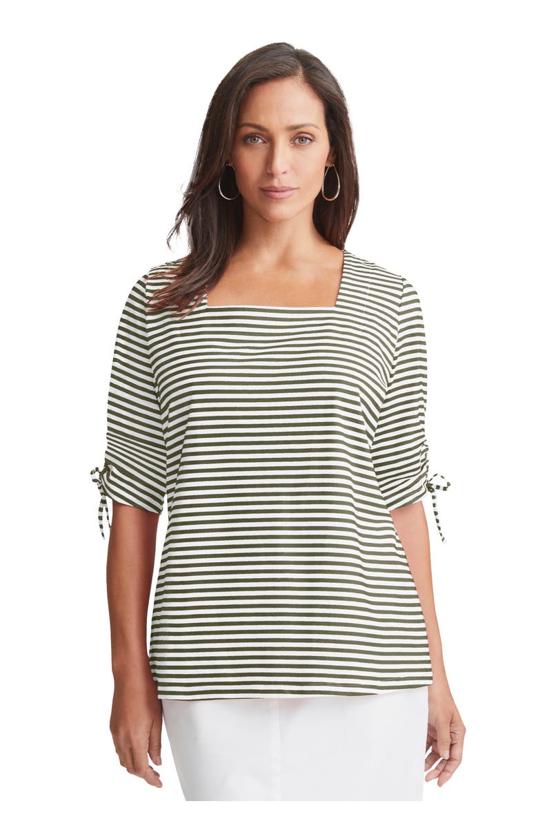 Jessica London Stretch Cotton Tie Sleeve Square Neck Tee, Main, color, Dark Olive Green Feeder Stripe