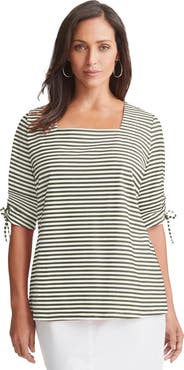 Jessica London Stretch Cotton Tie Sleeve Square Neck Tee