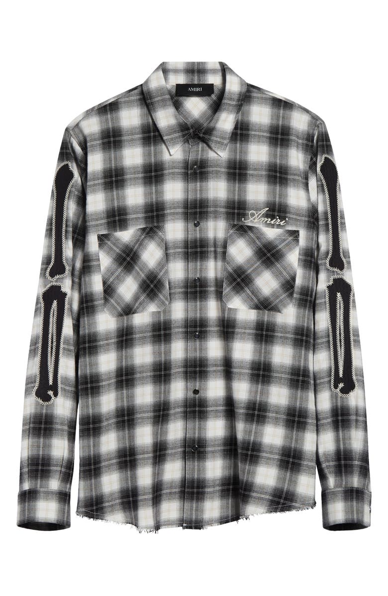 AMIRI Bones Appliqué Flannel Overshirt, Main, color, Black