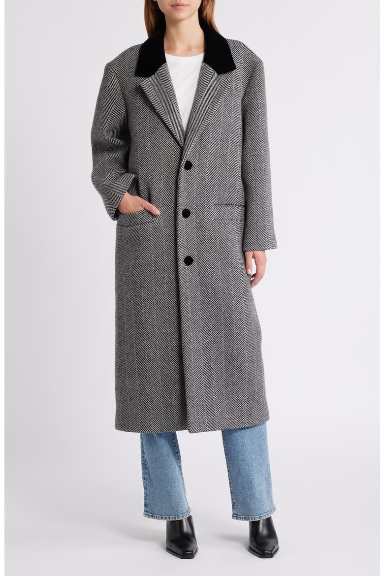 Herringbone Wool Blend Longline Coat, Alternate, color, BLACK MULTI