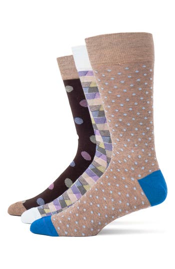 Lorenzo Uomo Mixed Pattern 3-pack Assorted Crew Socks In Taupe