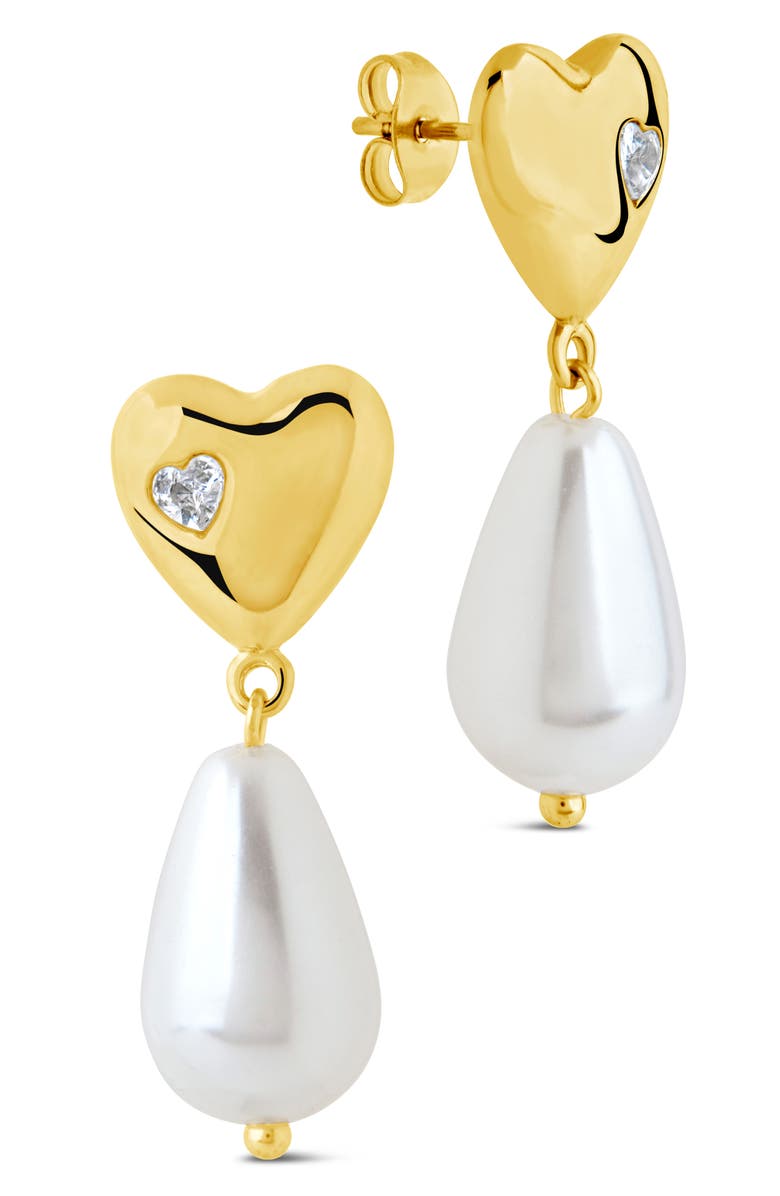 Sterling Forever Josephine CZ Heart & Faux Pearl Drop Earrings, Main, color, Gold
