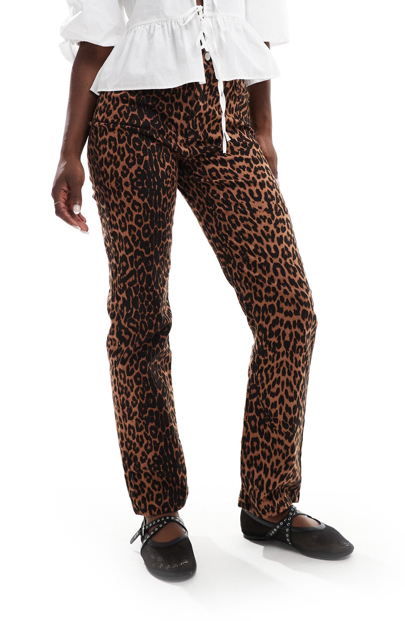 Miss Selfridge Leopard Print Straight Leg Jeans in Brown Multi 