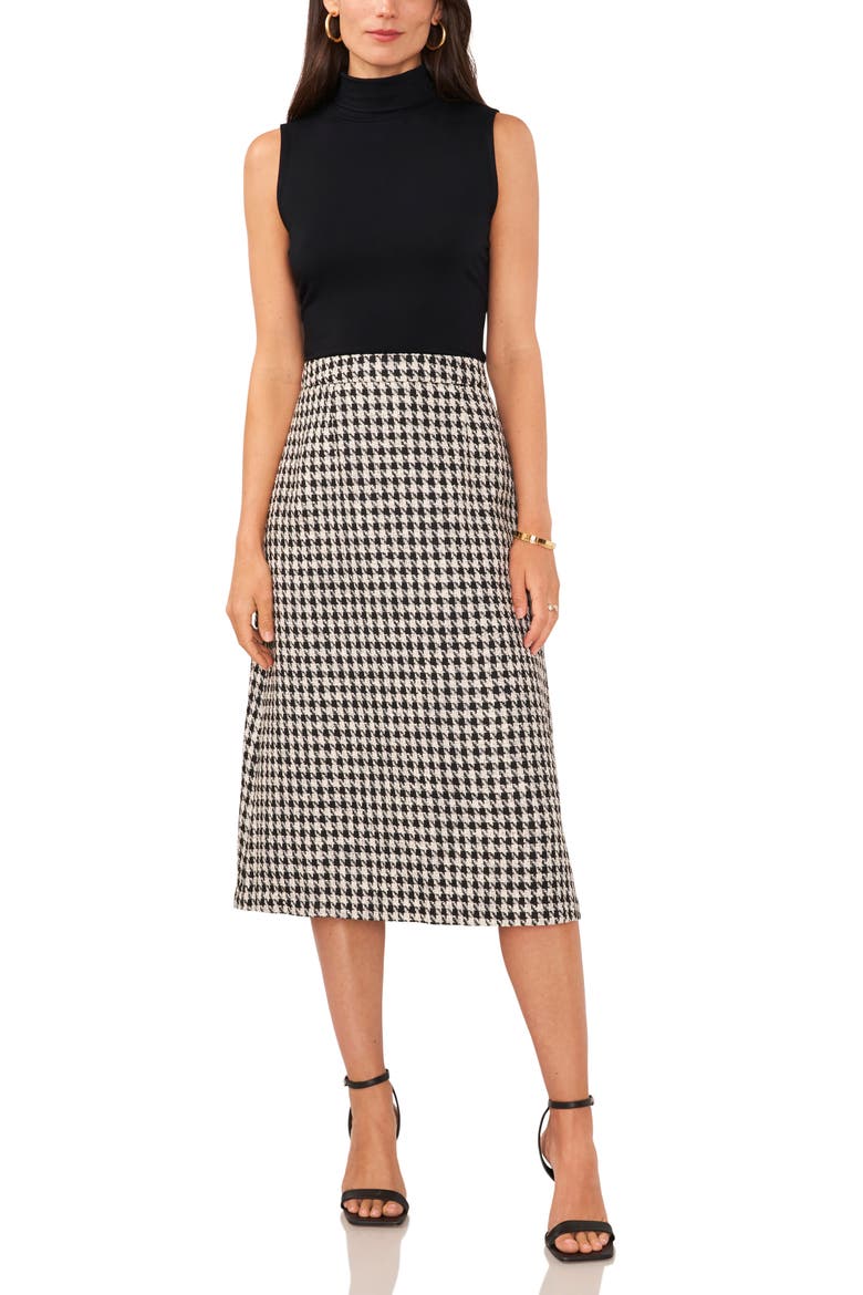 Houndstooth Cotton Tweed Midi Skirt, Alternate, color, RICH BLACK