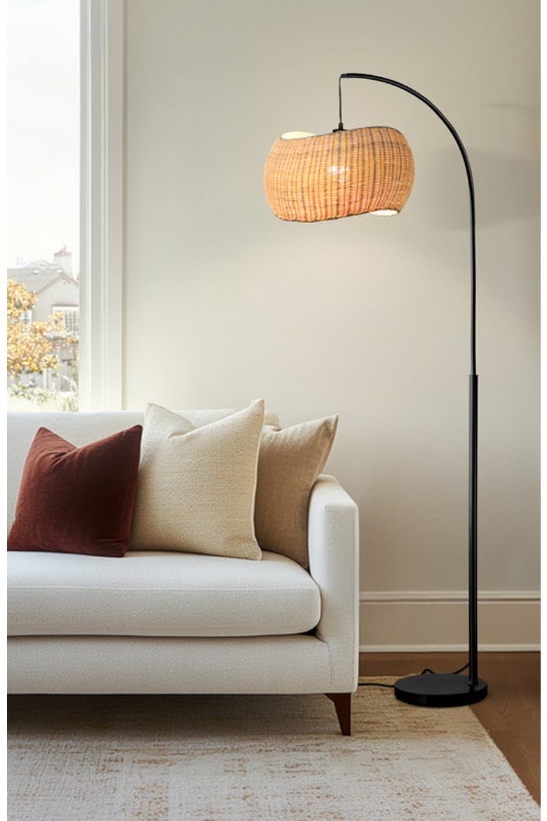 Wave 81" Pendant LED Unique Arc Floor Lamp with Rattan-Style Wicker Shade, Bulb Included, Alternate, color, Classic black