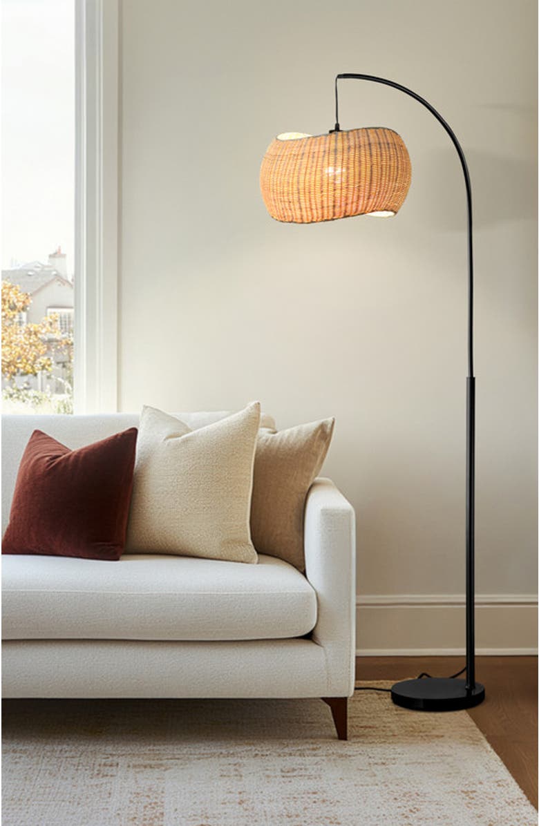 Brightech Wave 81" Pendant LED Unique Arc Floor Lamp with Rattan-Style Wicker Shade, Bulb Included, Alternate, color, Classic Black