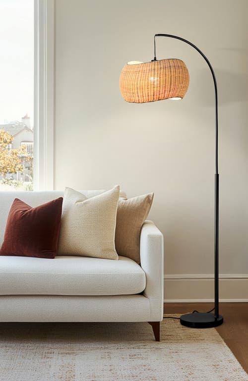 Brightech Wave 81" Pendant Led Unique Arc Floor Lamp With Rattan-style Wicker Shade, Bulb Included In Black