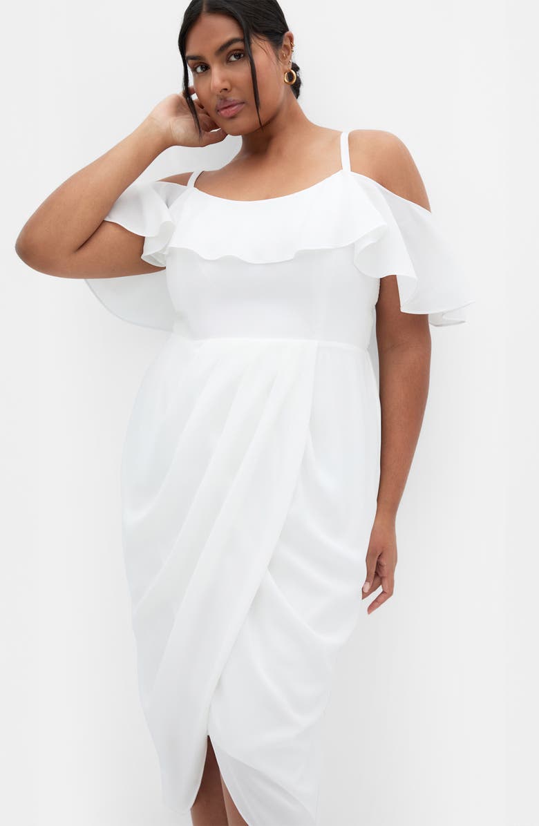 City Chic Flirtation Ruffle Off the Shoulder Cocktail Dress, Alternate, color, Ivory
