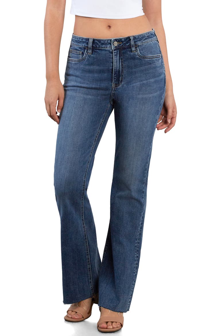 Happy Relaxed Raw Hem Flare Jeans, Main, color, SHINE BLUE