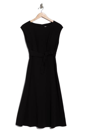 Calvin Klein Cap Sleeve Pleated Side Midi Dress In Black