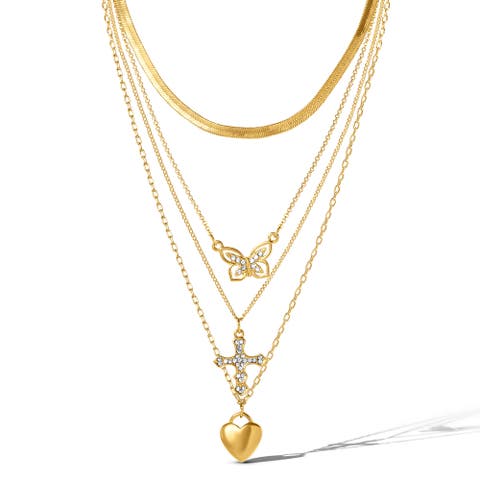 Layered Butterfly, Cross & Heart Pendant Necklace Set