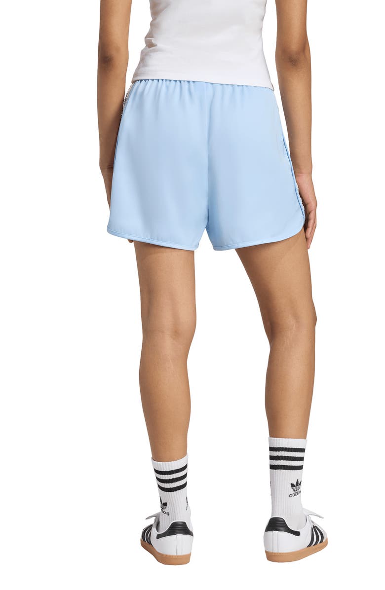 adidas Ruffle 3-Stripes Satin Shorts, Alternate, color, Clear Sky