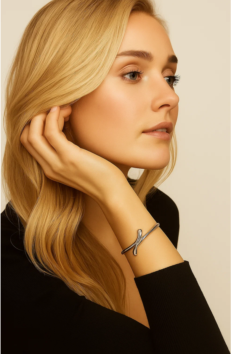 Hollywood Sensation Isabella Gold Plated Teardrop Open Wrap Bangle Bracelet, Alternate, color, Silver