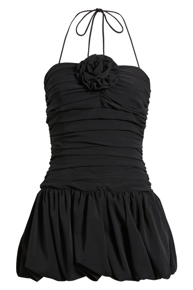 Faye Rosette Ruched Halter Minidress, Alternate, color, BLACK