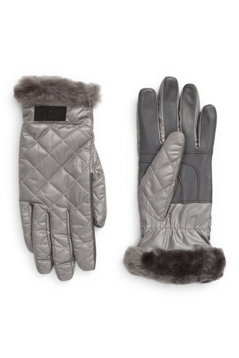 All Weather Touchscreen Compatible Quilted Gloves with Genuine Shearilng Trim, Main, color, SILVER