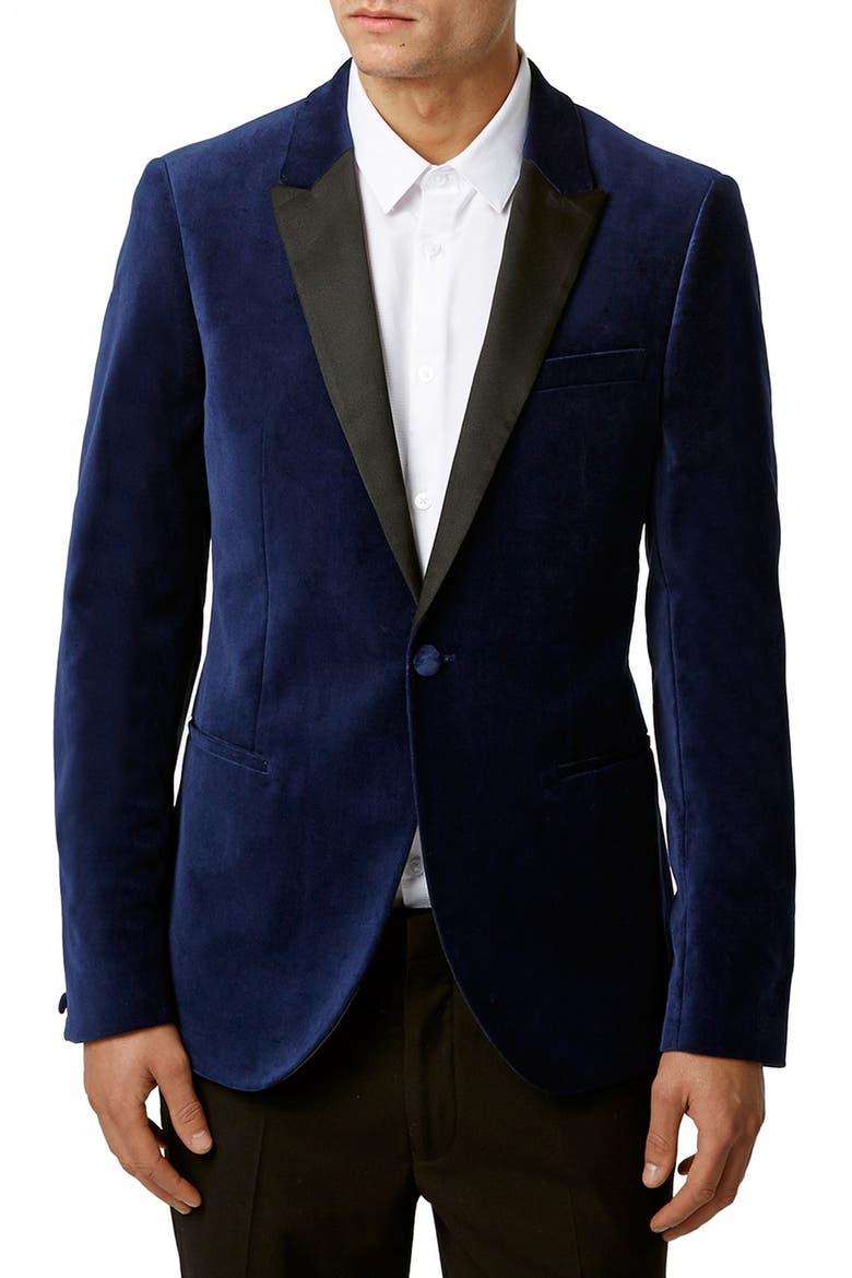 Skinny Fit Blue Velvet Blazer, Main, color, BLUE