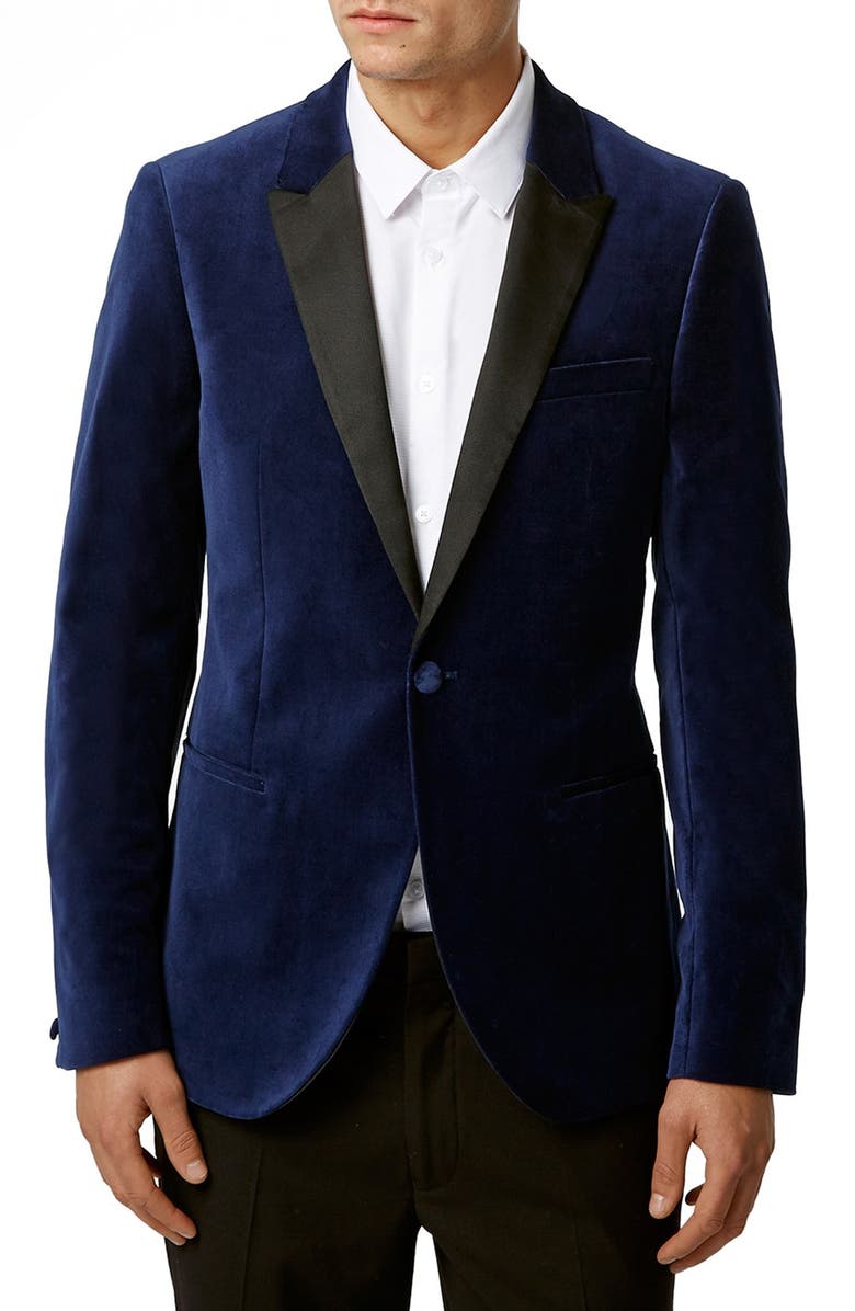 Topman Skinny Fit Blue Velvet Blazer, Main, color,