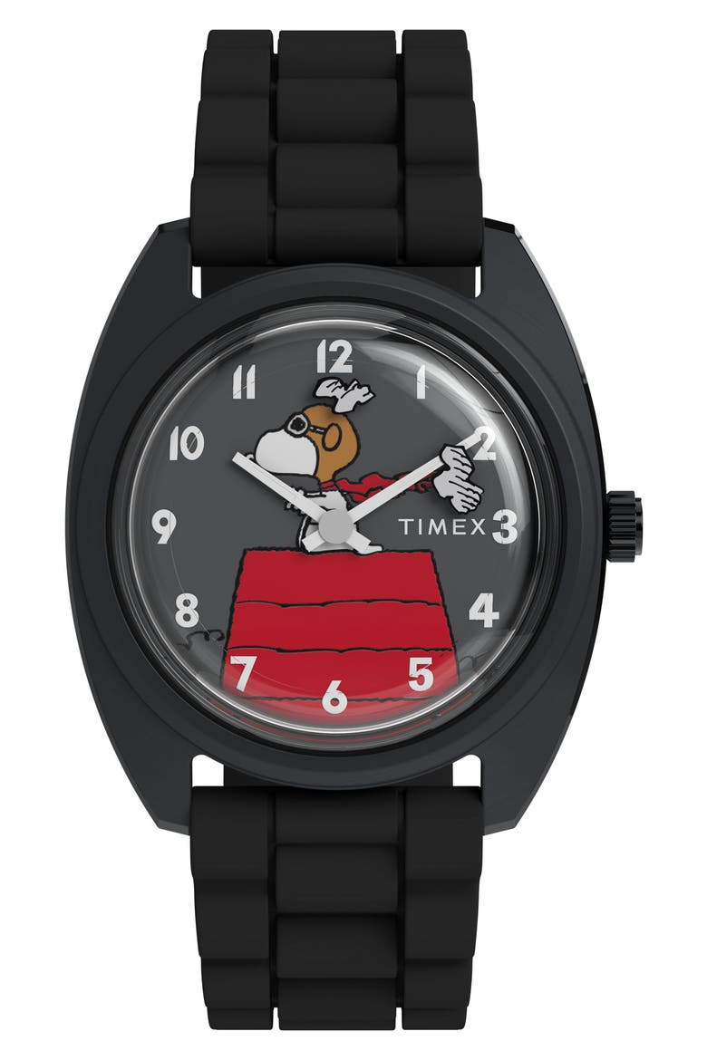 Peanuts® x Timex 1979 Reissue Inspired37mm Silicone Strap Watch, Main, color, BLACK