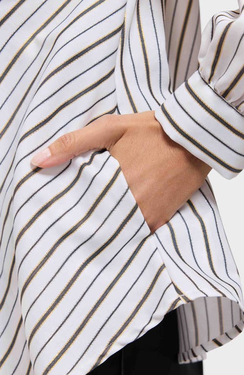 Foxcroft Daphne Stripe Metallic Stretch Popover Shirt In Gray