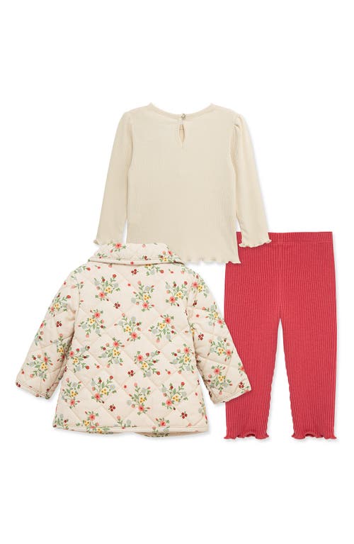 Little Me Floral Quilted Jacket, Long Sleeve Top & Leggings Set In Red