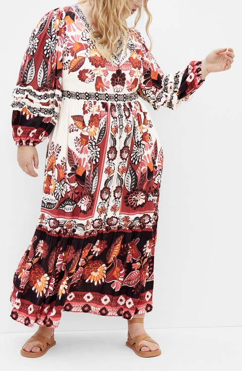Malia Mixed Print Long Sleeve Maxi Dress (Plus)