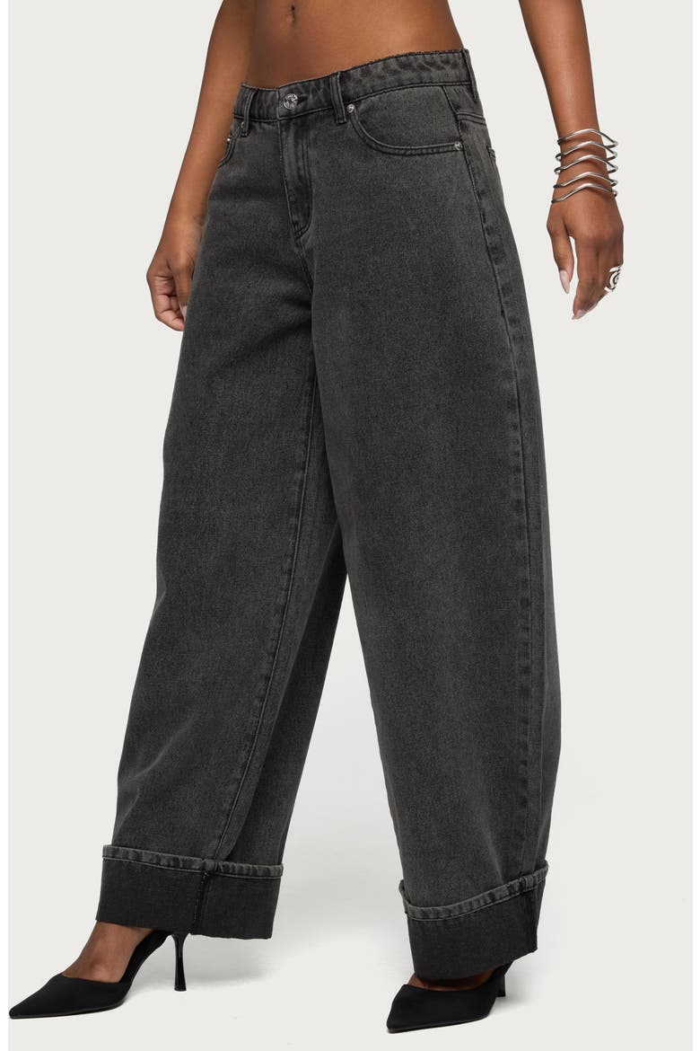 Kella Low Rise Baggy Wide Leg Cuffed Jeans, Alternate, color, BLACK-WASHED