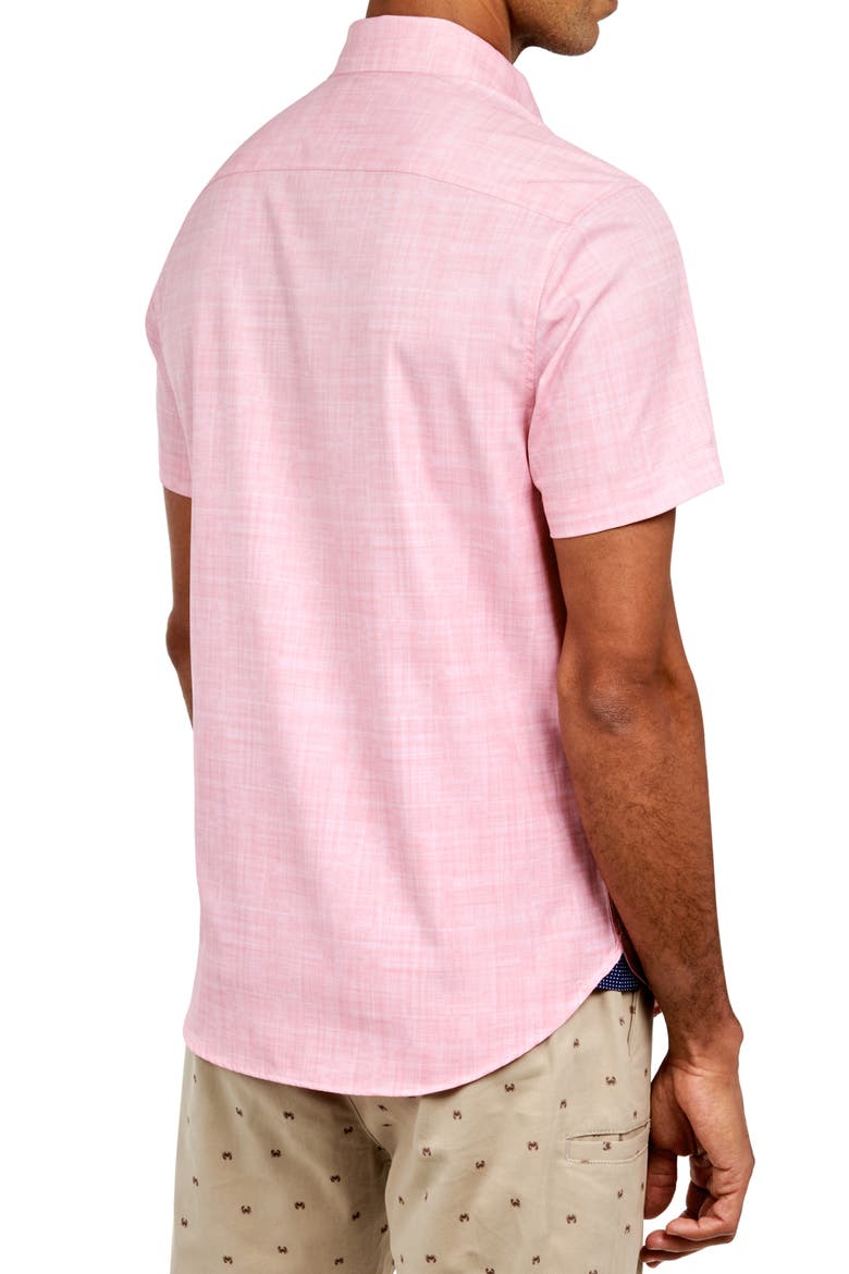 Slim Fit Four-Way Stretch Performance Chambray Short Sleeve Button-Down Shirt, Alternate, color, CORAL CHAMBRAY