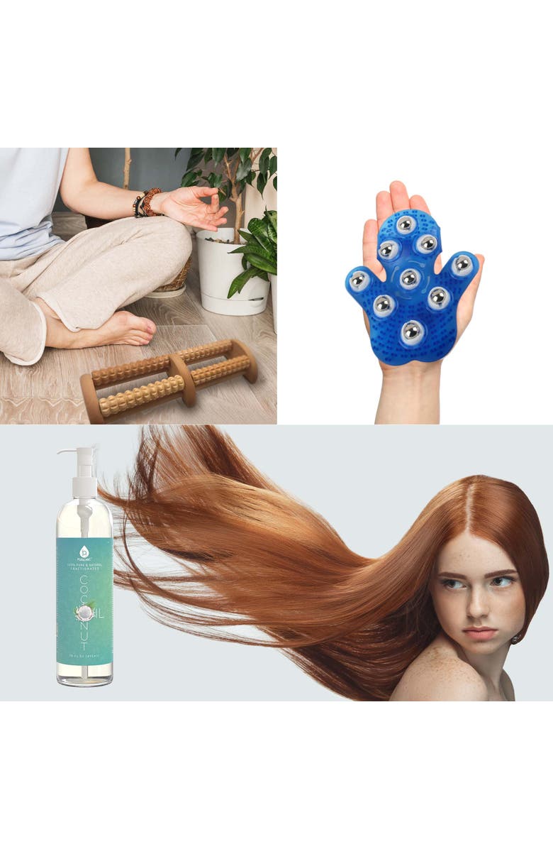 PURSONIC Palm Shaped Massage Glove, Wooden Foot Massager, and Coconut Oil, Alternate, color, Multicolor