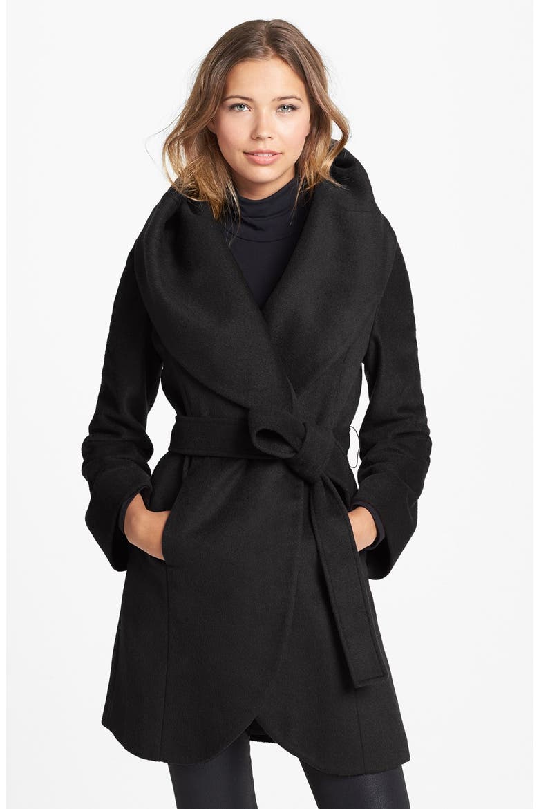 Tahari 'Marla' Cutaway Wrap Coat with Oversized Collar, Main, color, BLACK