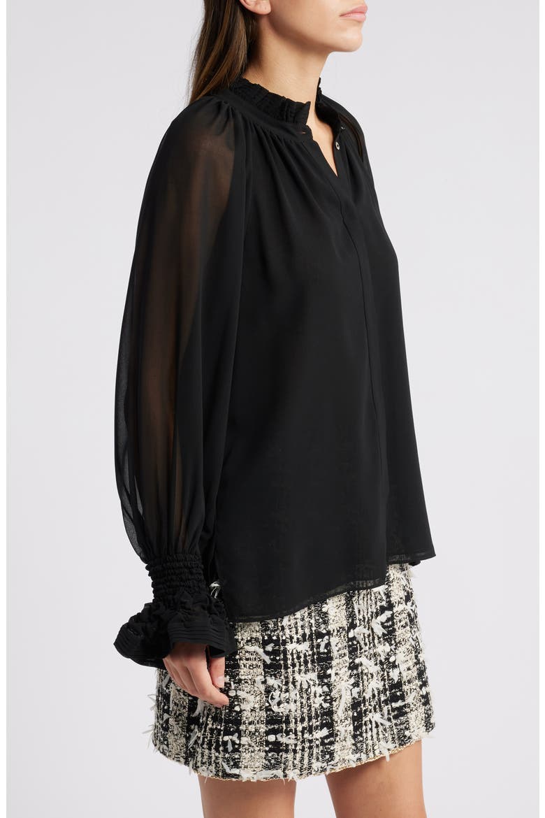 Effie Shirred Ruffle Neck Chiffon Top, Alternate, color, BLACK