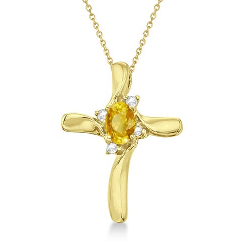 Lab Yellow Sapphire & Lab Diamond Cross Necklace Pendant 14K 0.50ct