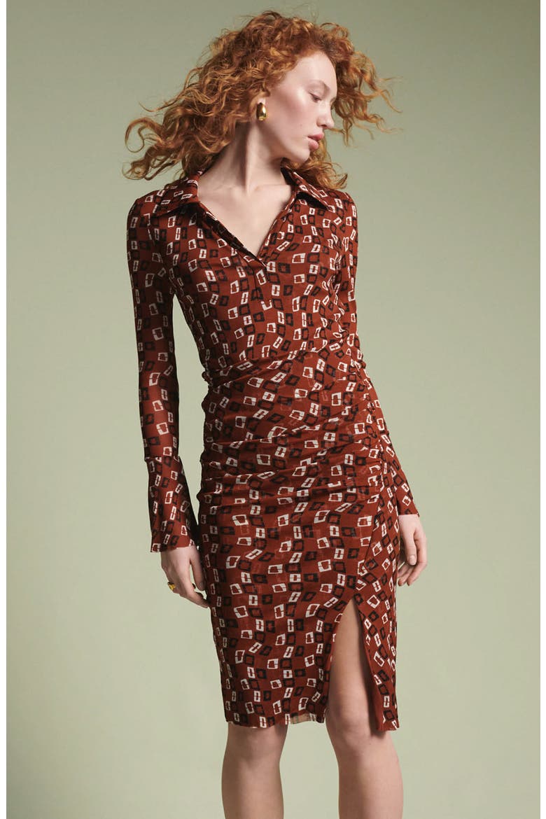 Lilly Geo Print Long Sleeve Mesh Dress, Alternate, color, CHAIN SPOTS BROWN SM