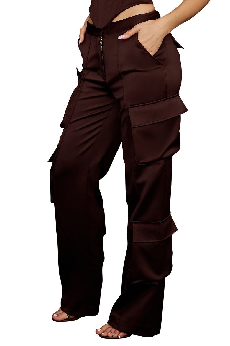 Daria Seamed Satin Cargo Trousers, Alternate, color, CHOCOLATE