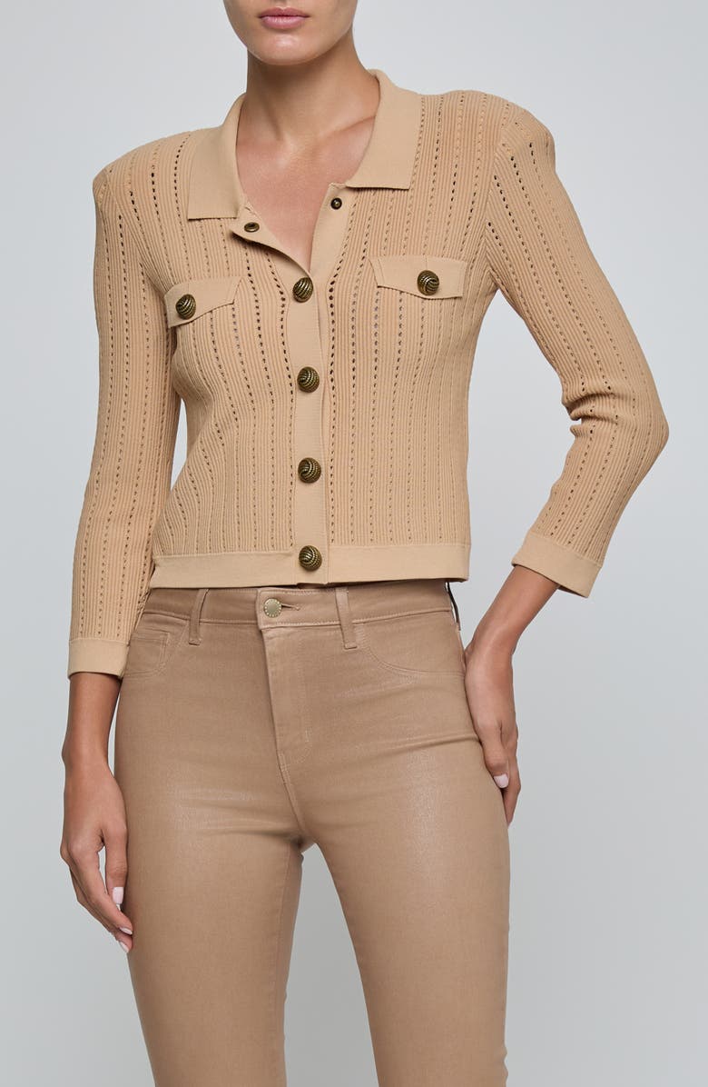 L'AGENCE Risa Snap Front Pointelle Knit Cardigan, Main, color, Light Almond/ Gold