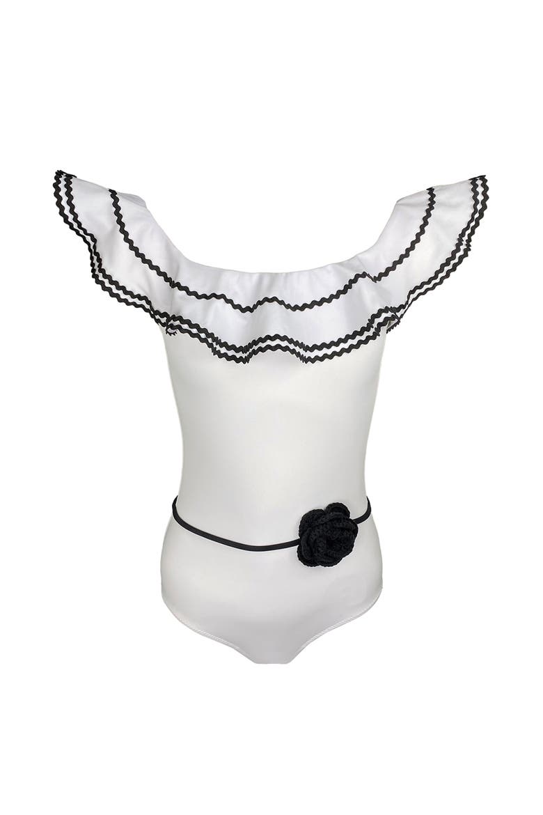Kids' Off Shoulder Black Crochet Flower Belt One-Piece Swimsuit, Main, color, White
