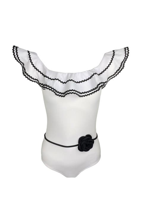 Kids' Off Shoulder Black Crochet Flower Belt One-Piece Swimsuit