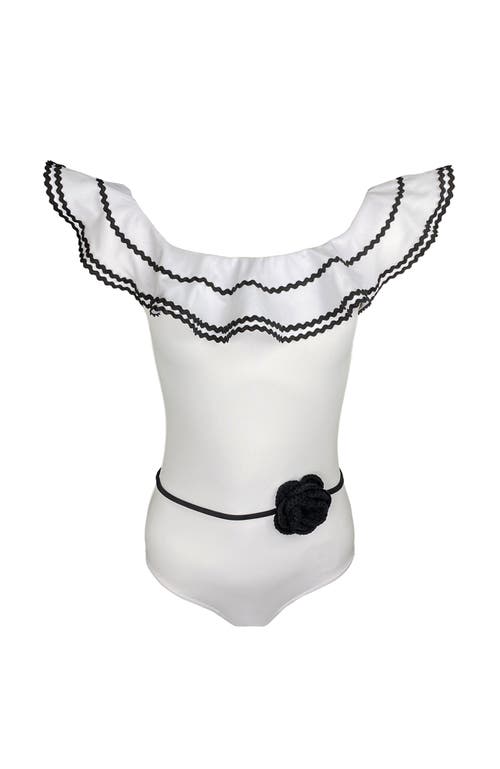 Nessi Byrd Kids' Off Shoulder Black Crochet Flower Belt One-piece Swimsuit