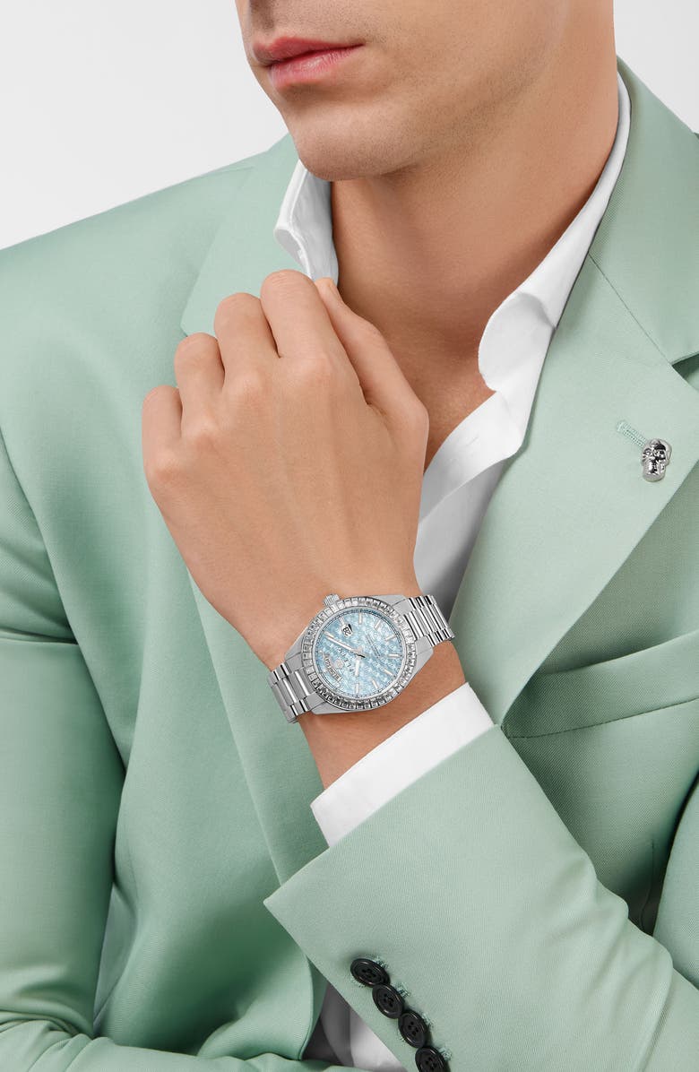 PHILIPP PLEIN Date Superlative Crystal Bezel Bracelet Watch, 42mm, Alternate, color, Stainless Steel