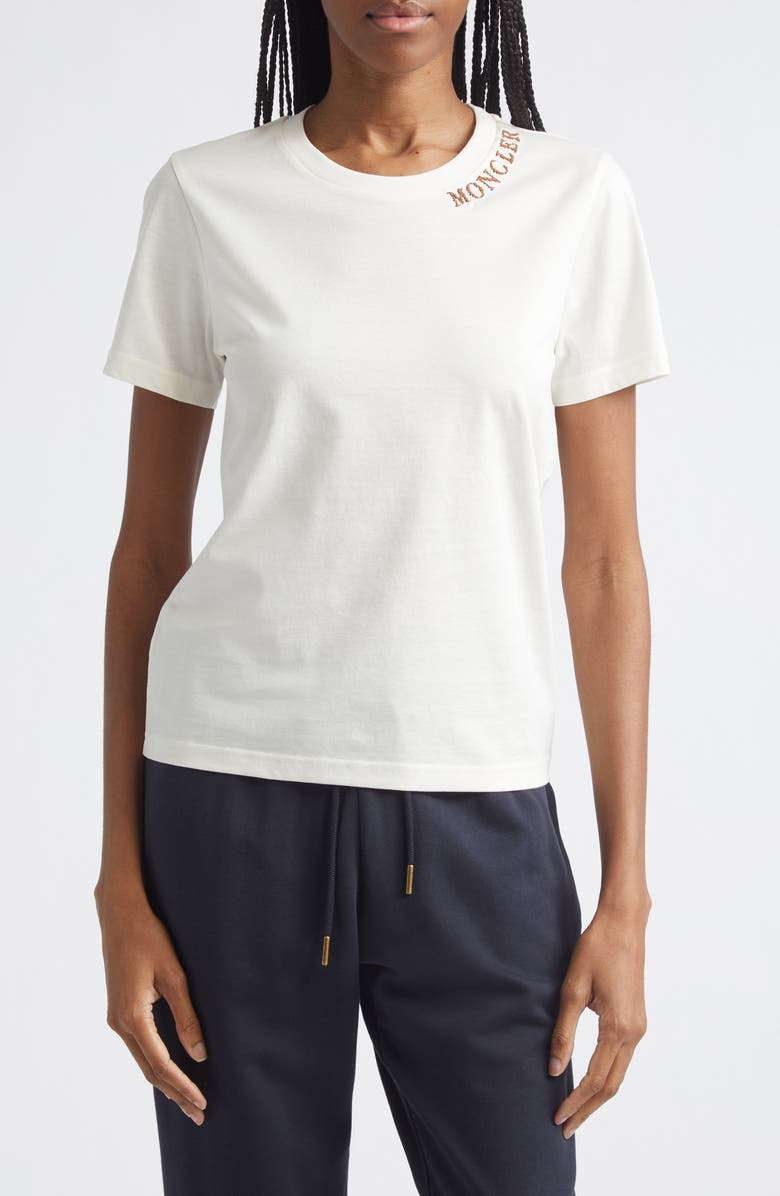 Moncler Logo Embroidered Cotton T-Shirt, Main, color, White