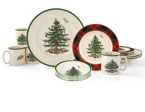 Christmas Tree Tartan 16 Piece Dinnerware Set, Service For 4