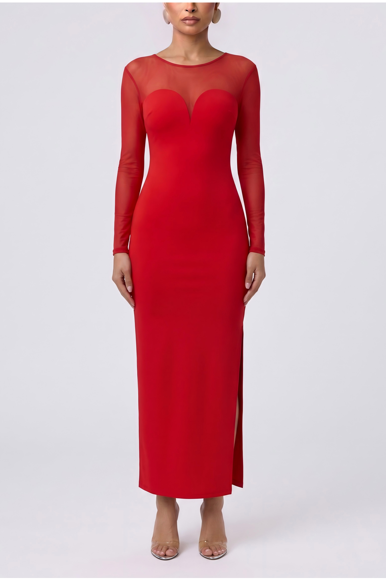 Shapewear Mesh Long Sleeve V-Back Slimming Maxi Dress, Main, color, Bright red