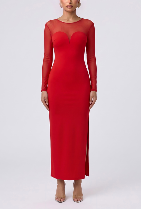 Shapewear Mesh Long Sleeve V-Back Slimming Maxi Dress