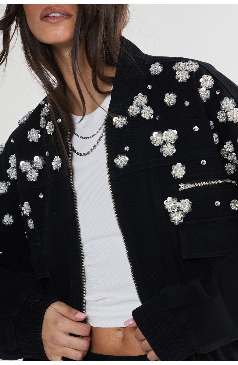 NASTY GAL Embellished Flower Applique Jacket, Alternate, color, Washed Black